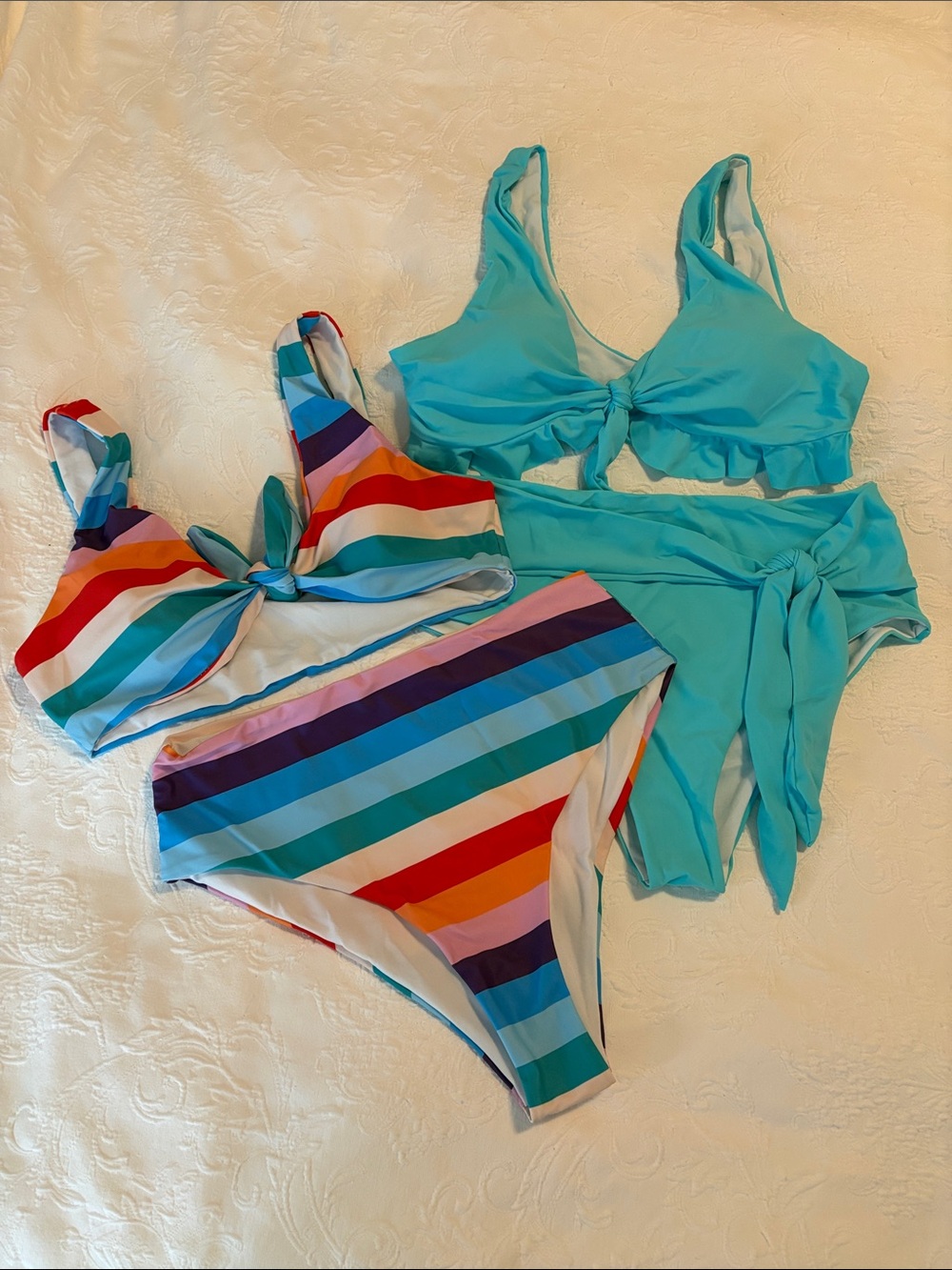 SHEIN Teal Solid & Multicolor Striped Bikini Set